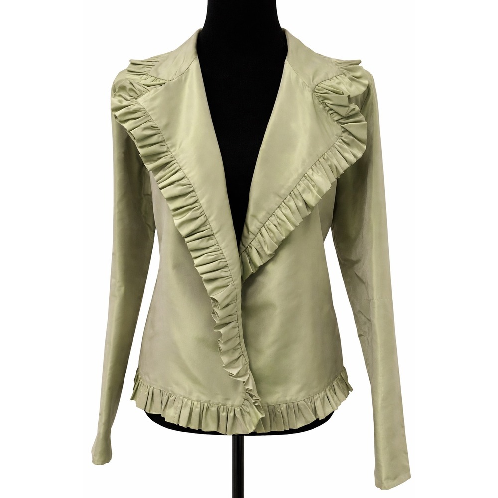 Sylvia Heinsel‎ Womens Blazer Jacket Size 6 Green Long Sleeve Ruffle 100% Silk